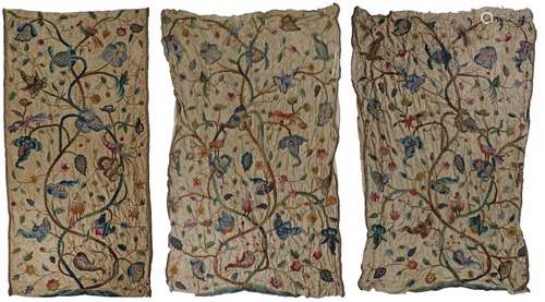 Set Three Late 19th / early 20th Century Crewelwork Curtains, the raised crewelwork with bold floral