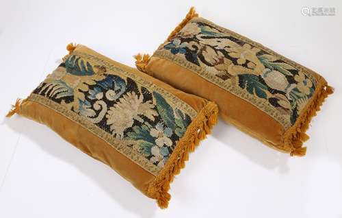 Pair of 17th Century Flemish tapestry cushions, from Oudenaarde, decorated with scrolls and