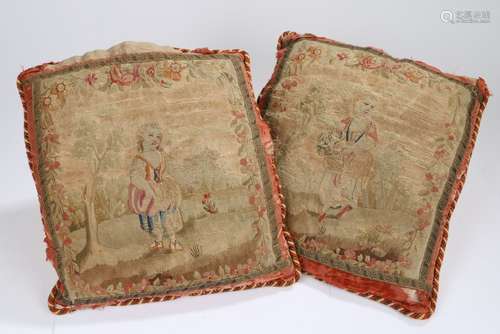 Two 17th Century cushion covers, the embroidered covers depicting young ladies in the countryside,