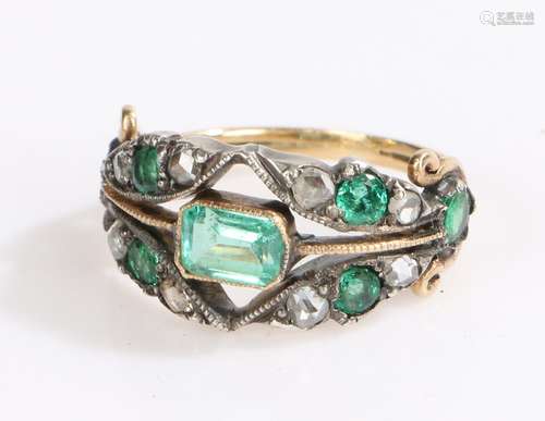 George III diamond, with emeralds and rose cut diamonds set to the fret head, ring size M