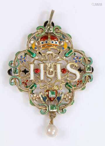 Italian or Spanish devotional pendant, probably mid 18th Century, the central white enamel IHS