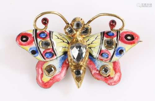 17th Century diamond and enamel butterfly brooch, the body and wings set with rose cut diamonds