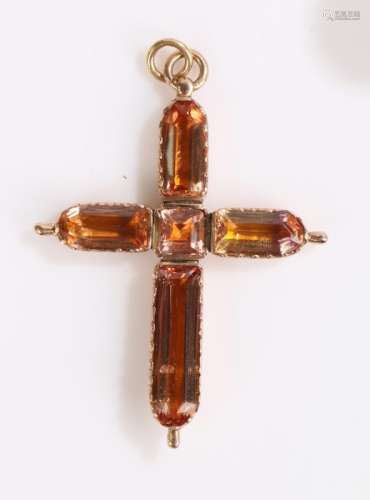 George III topaz cross pendant, circa 1800, with five step cut topaz stones in foil-backed rose gold