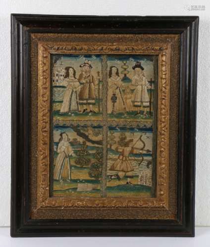 Early 17th Century needlework and loose work tapestry, with four panels depicting a couple