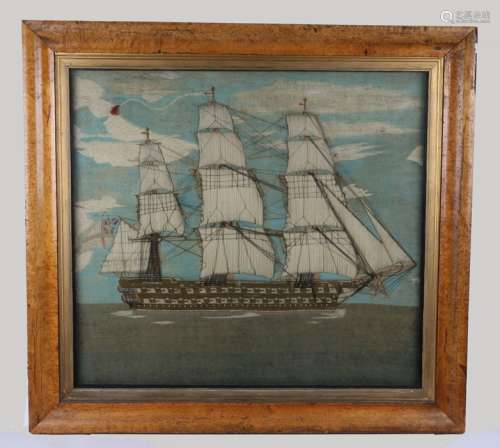 George III sailor's woolwork picture, of very large proportions, depicting a three masted ship at