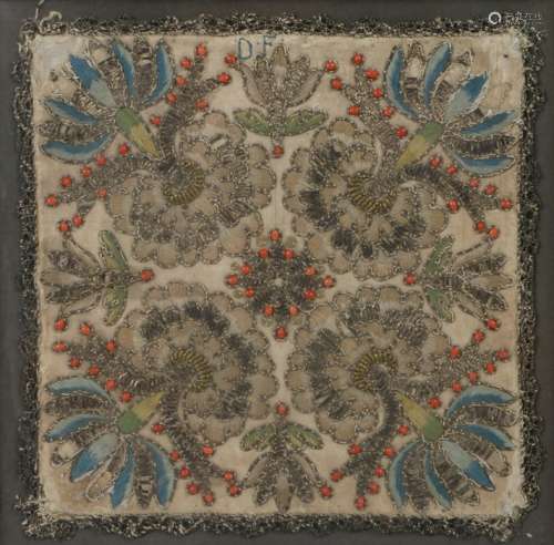 Mid 17th Century needlework, with metal thread and coral beads, initialled D F, 18cm x 18cm