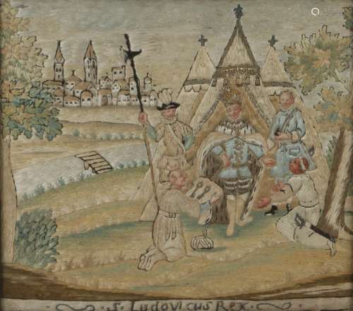 17th Century silk work embroidery, with four figures surrounding the King outside tents and a city
