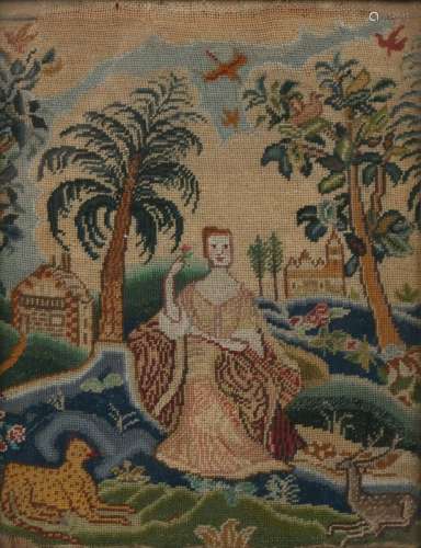 Charles II embroidery picture, circa 1650 with a woman in a garden with stag and leopard reclining