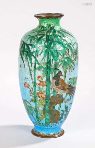 Chinese enamel vase, with a bird among bamboo, 25cm high