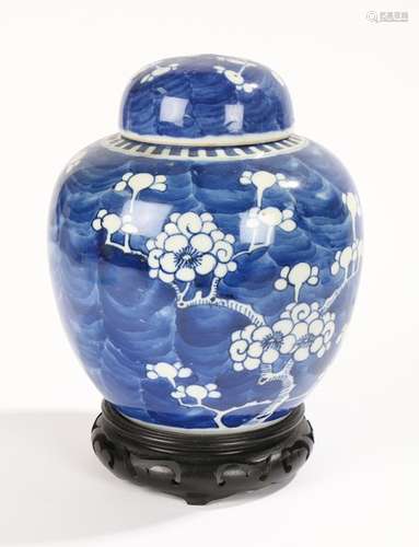 Chinese ovoid porcelain ginger jar and cover, decorated with prunus blossoms, raised on a stand,