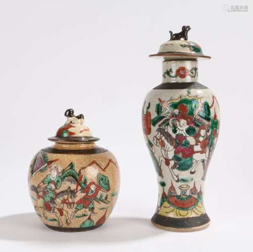 Japanese porcelain Satsuma wares, to include a vase and cover with a fighting samurai scene, 28cm