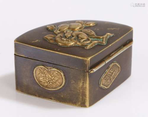 Japanese Meiji period bronze box, with applied gilt foliate and fan decoration, 45mm diameter