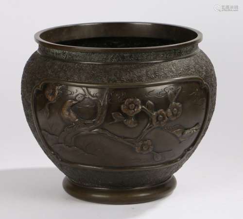 Chinese bronze jardinière, with a flower and bird panel and opposing panel with central pagoda and