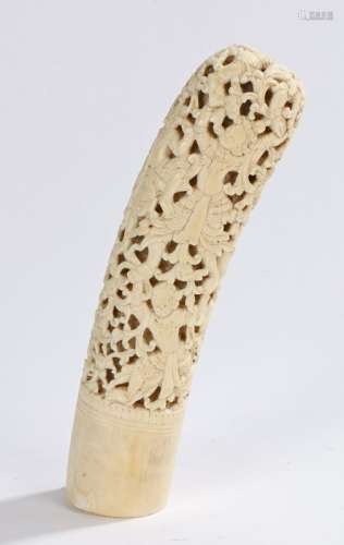 19th Century Burmese dha handle, carved with pierced decoration of figures and scrolling flowers,