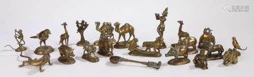 Collection of brass animals and figures, with monkeys, a boar, a camel, crocodile, etc, (qty)