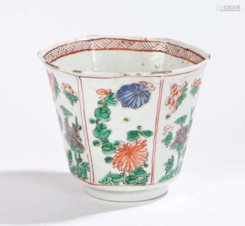 Chinese porcelain famille verte porcelain beaker, Kangxi, with a flared lip above foliate panels,