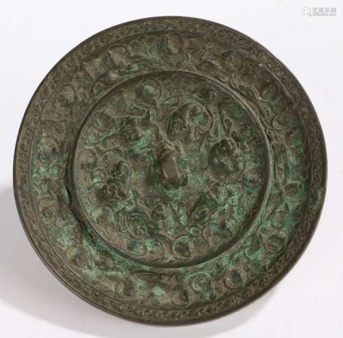 Japanese Meiji period bronze mirror, with flower and creature decoration, 13cm diameter