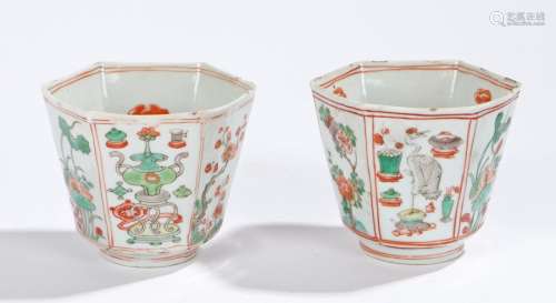 Pair of Chinese famille verte porcelain beakers, Kangxi, of hexagonal form decorated with a standing
