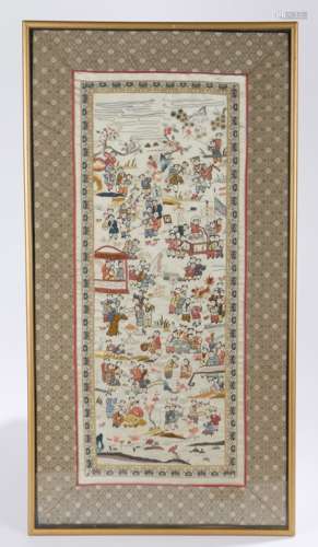 Japanese silk and needlework picture depicting figures flying kites, dancing and playing in a