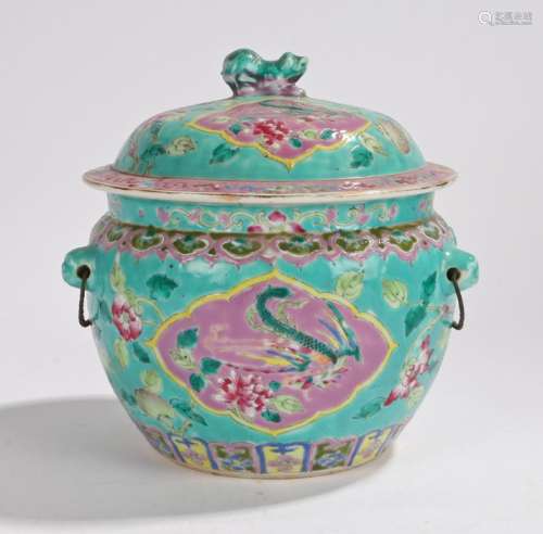 Chinese porcelain pot and cover, in turquoise and pink enamel with dragons to the panels, six