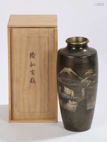 Japanese bronze vase, with a volcano and figural scene, housed within the original box, 22cm high