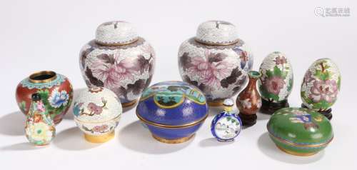 Collection of Chinese cloisonné, to include a pair of white ground and foliate vases, two white