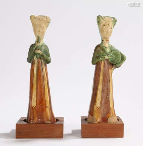 Two Chinese Tomb figures, Tang Dynasty, the musician figures displaying one playing the flute and