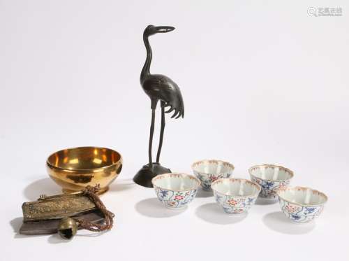 Collection of Asian works of art, to include five Chinese porcelain tea bowls, a Japanese bronze