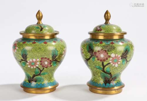 Pair of Chinese cloisonné vases and covers, in green ground and foliate design, 11.5cm high, (2)
