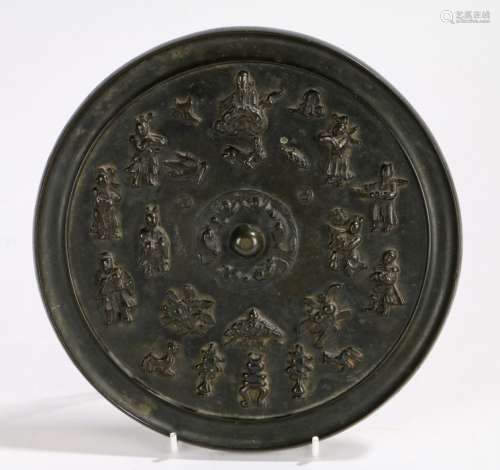 Japanese Meiji period bronze mirror, with a figural and object design to include immortals and