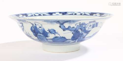 Chinese porcelain bowl, blue and white glaze with figures to the exterior and a landscape to the