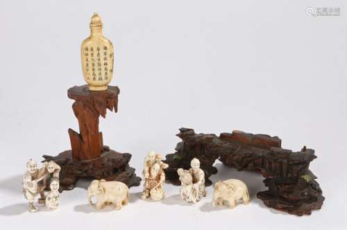 Collection of Japanese works of art, to include three Meiji period ivory netsukes, the first of a