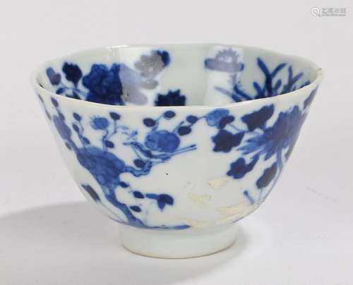 Chinese porcelain tea bowl, Qing Dynasty, decorated with trees, flowers and birds, four character