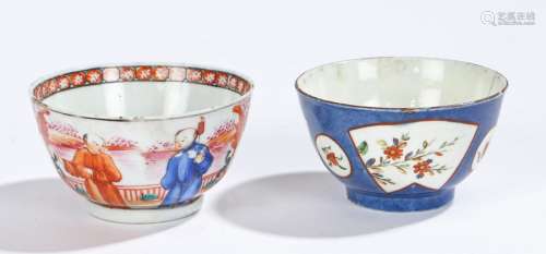 Chinese porcelain tea bowl, Qianlong, in powder blue with foliate panels, 7.5cm wide, together