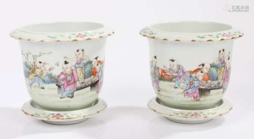 Pair of Chinese porcelain jardinières, Qing Long marks but later, each decorated with figures