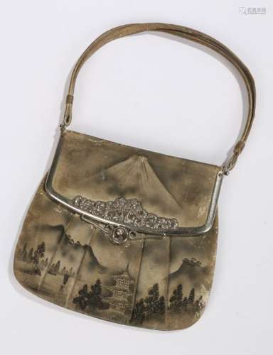 Early 20th Century Japanese purse, with a foliate clasp below a tall volcano and pagoda surrounded