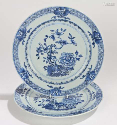 Near pair of Chinese porcelain plates, Qing Dynasty, with a central tree and flower design, dragon