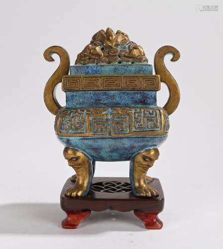 Chinese porcelain censer, the turquoise blue ground with gilt heightened decoration to the bat lid