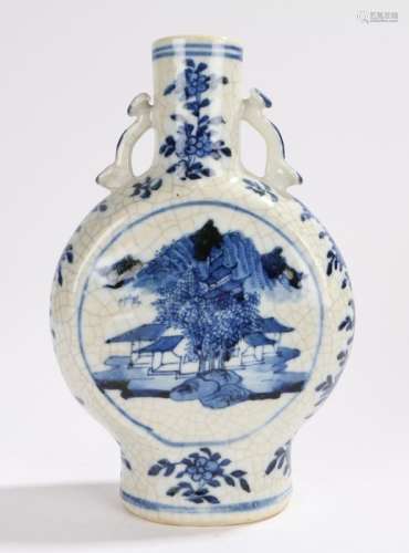 Chinese porcelain moon flask, Qing Dynasty, decorated with buildings among trees and a mountain in