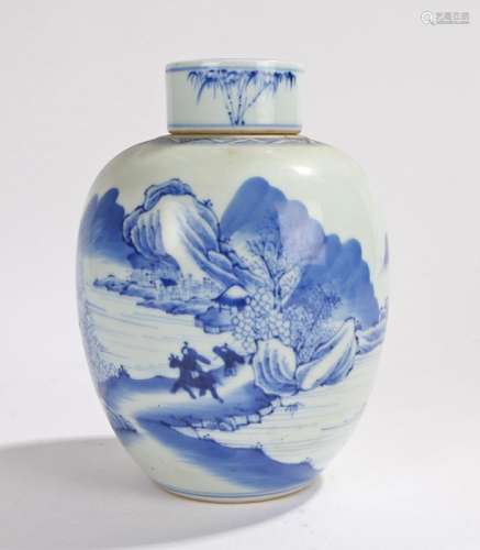 Chinese porcelain vase and cover, decorated in blue with figures on a path by water and a