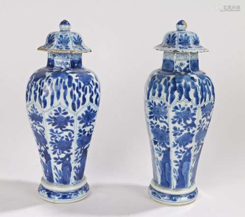 Pair of Chinese blue and white porcelain vases, Qing Dynasty, with fruits and trailing vines above