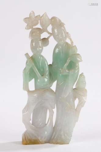 Chinese jadeite figural group, with two standing figures with flowers behind and a bird to the side,