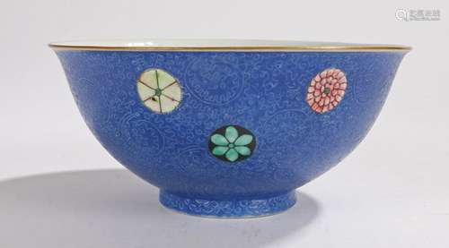 Chinese porcelain bowl, Qianlong mark but later, decorated with five roundels on a blue sgraffito