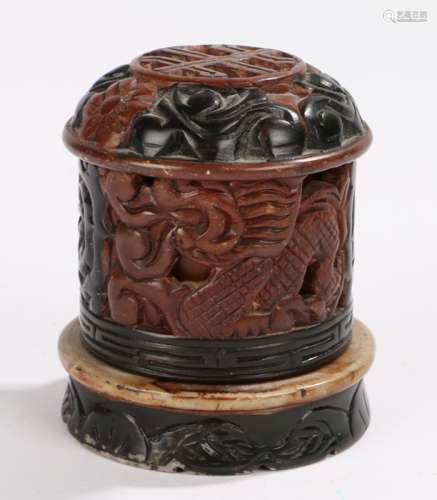 Chinese soapstone incense burner, with a pierced top above a barrel dragon body and enclosed