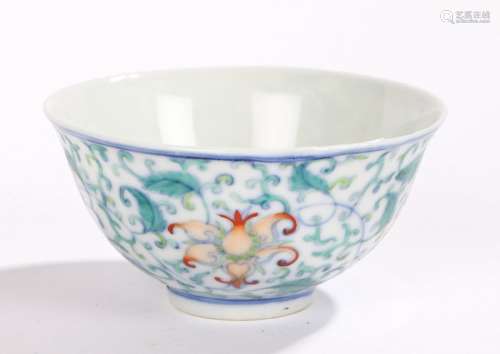 Chinese porcelain bowl, with green scroll vine and leaf design and flower heads, six character