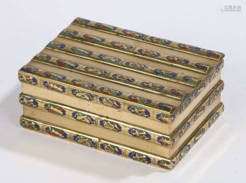 Japanese brass box, with enamel panels displaying various implements, 13cm diameter
