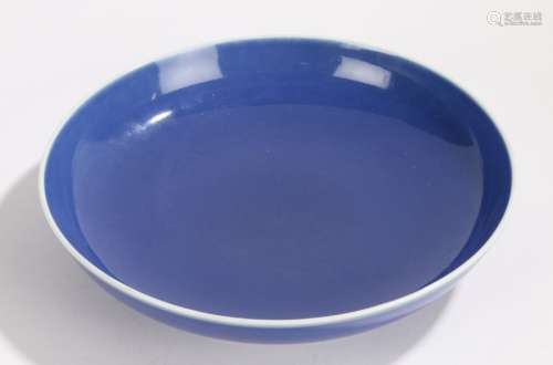 Chinese monochrome blue porcelain dish, Guangxu mark but probably later, the wide dish with blue