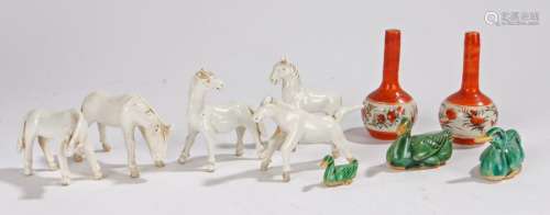 Oriental porcelain, to include a collection of five blanc de chine horses, three green glaze ducks