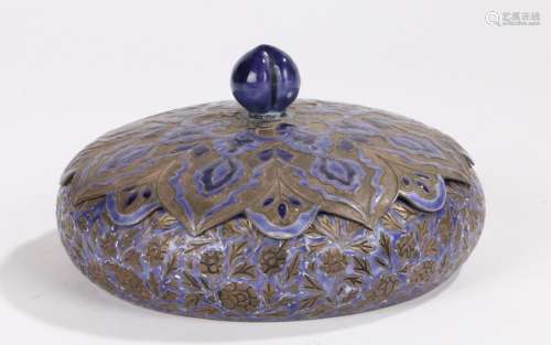 Japanese silver and enamel pot and cover, the blue enamel flower decoration to the lid and squat