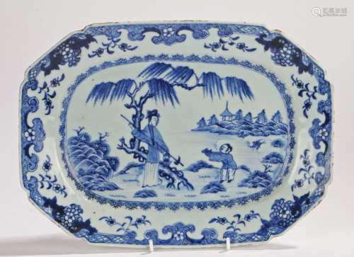 Chinese porcelain serving dish, Qing Dynasty, decorated in blue with a man holding a fish to lady
